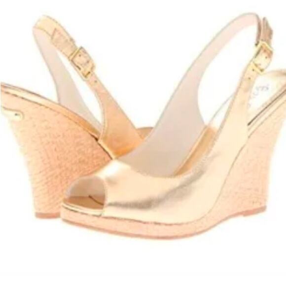Lilly Pulitzer Kristin Slingback Wedge Sandal Gold Peep-Toe Slingback Heels - Picture 12 of 12